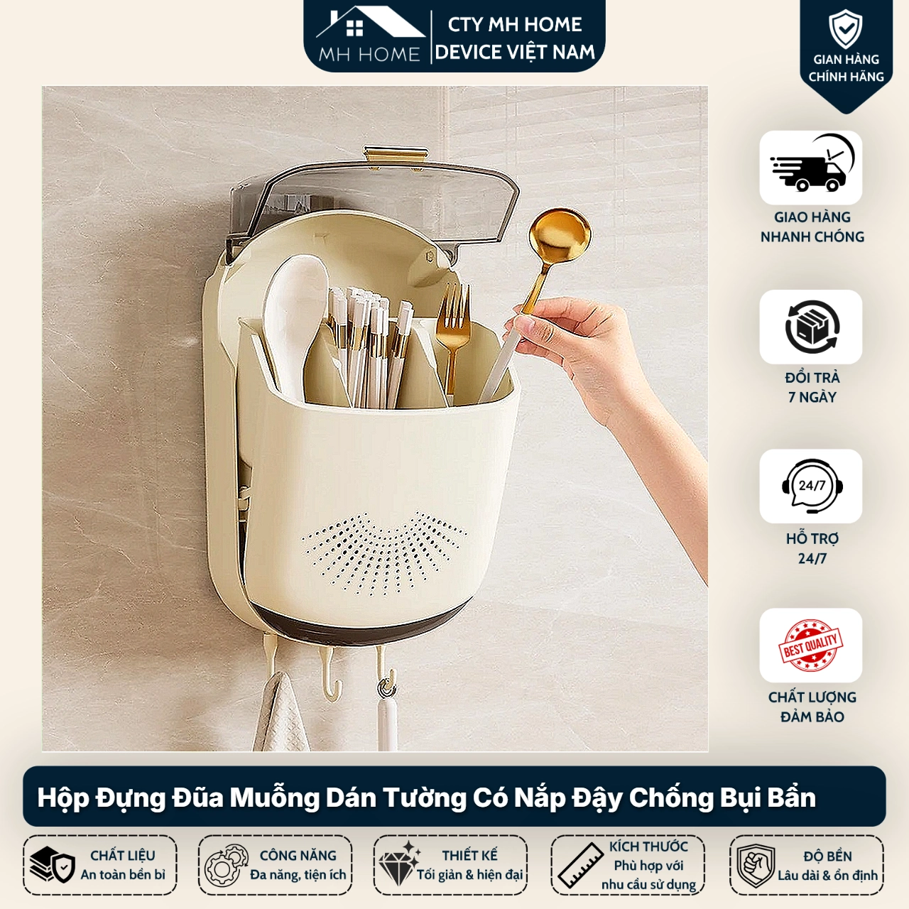 Ống Đũa Treo Tường Màu Kem Có Nắp Đậy Chống Bụi - Hộp Đựng Đũa Muỗng MH Home